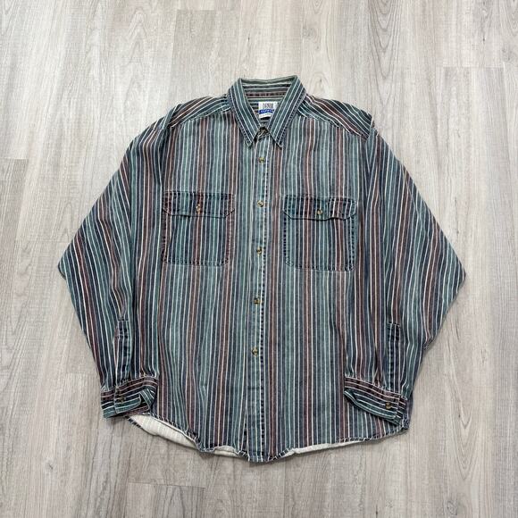 Vintage Denim Express Striped Shirt Men's Extra Large XL 90s Vertical Striped - Picture 2 of 6